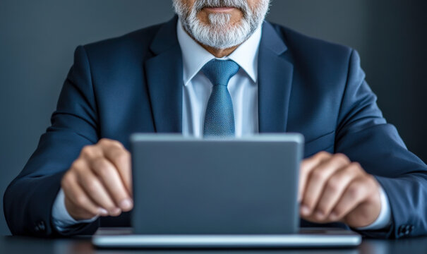 Professional Businessman in Suit Working on Laptop at Modern Office Desk with Focused Expression and Neat Workspace