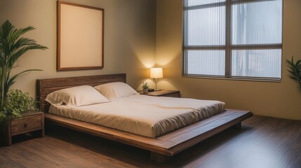 Obraz premium Sleek Bedroom Oasis with Wooden Bed and Natural Touch