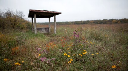Fototapeta premium Empty Shelter in Wildflowers Field
