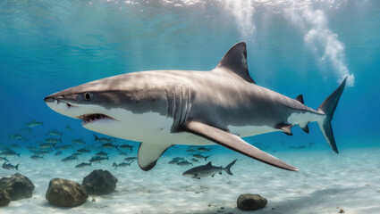 Fototapeta premium Majestic great white shark in deep blue waters. Sharp focus on its fins, with blurred fish and ocean floor. Perfect for marine life and conservation content.