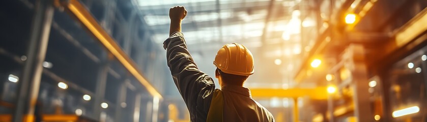 A worker in a safety helmet raises their arm triumphantly inside an industrial building, symbolizing success and achievement in the manufacturing sector.