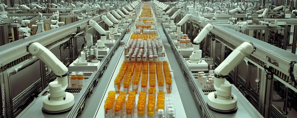 Poster an advanced automation system in a modern factory showcasing robotic arms operating on a production 