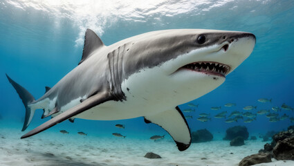 Naklejka premium Professional underwater shot of a great white shark. Highlights its size and elegance, with soft light and blurred background. Ideal for wildlife photography.