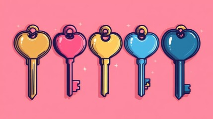 Keys with heart-shaped tags symbolize love and home connection in minimalistic design