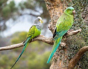 Fototapeta premium pajaros periquito macho y hembra sobre un arbol mirando el bosque