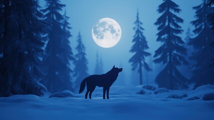 Lone wolf howling under full moon snowy forest digital art nighttime atmospheric scene