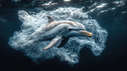 Dolphin swims gracefully in clear waters, amidst hidden threats from plastic debris