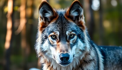 Fototapeta premium Detailed close up of a gray wolf, capturing its sharp gaze, textured fur patterns, and the soft interplay of natural light enhancing its wild presence