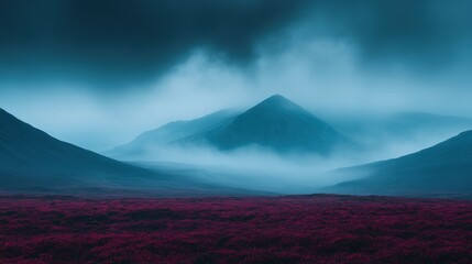 Fototapeta premium Misty mountain landscape, vibrant pink flowers, dramatic sky. Possible use Nature wallpaper, background