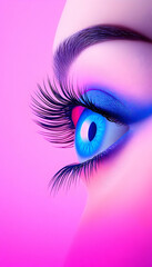 Beautiful blue eye with makeup and lush eyelashes in a pink background close-up. Generative AI