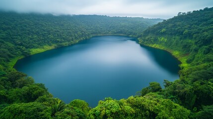 Serene Aerial View of Tranquil Lake Embraced by Lush Green Forest