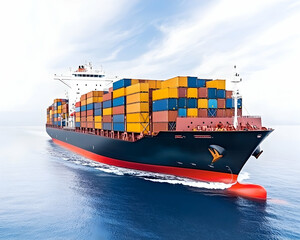 Cargo ship sailing on the ocean, transporting goods, with sky in the background. Generative AI