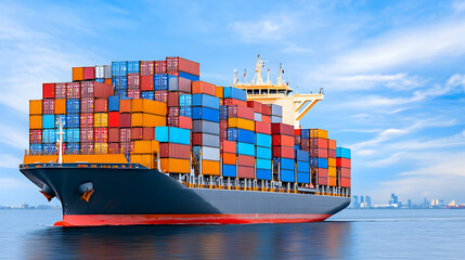 Cargo Ship Transporting Containers on the Ocean with City Skyline in the Distance. Generative AI