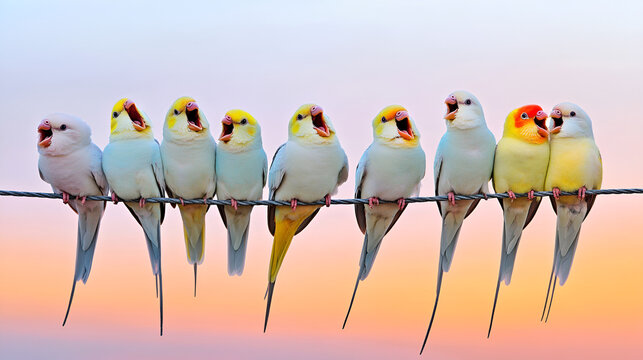 Colorful parakeets perched on a wire, singing joyfully at sunset
