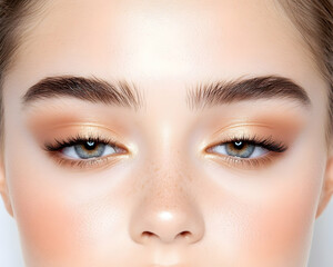 Obraz premium Close-up of a woman with golden eye makeup; beauty concept, for cosmetics ads. Generative AI