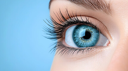 Obraz premium Close-up of bright blue human eye with long eyelashes. Cosmetic, health concept. Generative AI