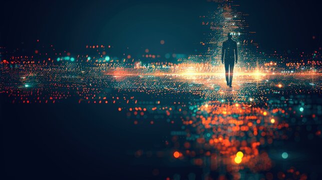 Futuristic AI-powered workspace with project leader monitoring performance metrics on massive digital dashboard. Glowing holographic elements data-driven decision-making in modern business.