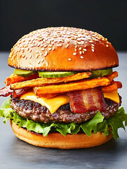Delicious bacon cheeseburger with fries on top. Food photography for menus. Generative AI