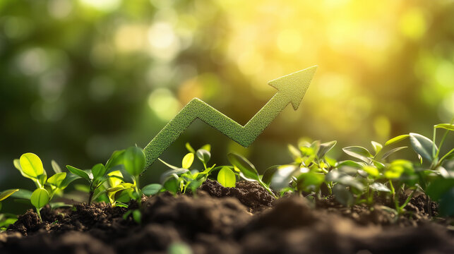 A futuristic financial growth arrow emerging from lush green leaves. - Powered by Adobe