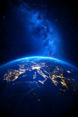 Obraz premium Earth at Night, Europe, Milky Way, Space View. Potential Stock Photo. Generative AI