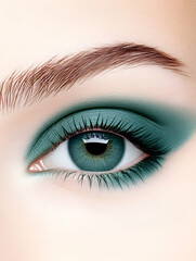 Obraz premium Eye makeup close-up, turquoise eyeshadow, enhanced lashes, perfect eyebrow styling. Generative AI