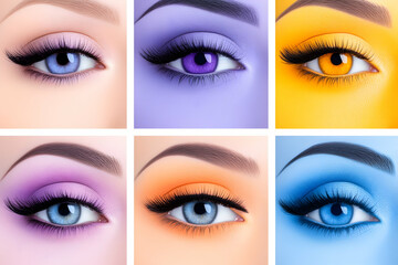 Eye makeup collage. Vivid color palette. Beauty concept for beauty blog or magazine. Generative AI