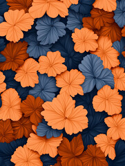 Floral pattern design with orange and blue geranium flowers for fabric printing. Generative AI