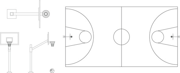 Court, basketball backboard (basket) in plan, side and front elevation