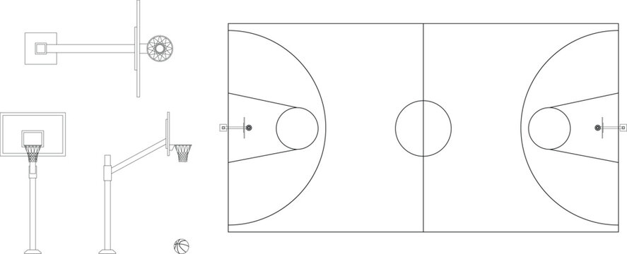 Court, basketball backboard (basket) in plan, side and front elevation