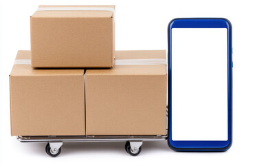 Delivery Logistics with Cardboard Boxes on a Trolley Next to a Smartphone Displaying a Blank Screen for Shipping and E-commerce Applications
