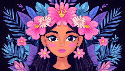 Naklejka premium Girl with floral crown portrait. Botanical vector design for summer or festival art. Generative AI