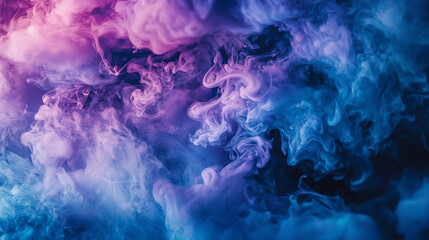 Fototapeta premium Dancing Ink Haze – Shadowy, mist-like ink droplets elegantly unfurling and spiraling in liquid, merging rich indigos, violets, and charcoals for a mysterious, entrancing allure