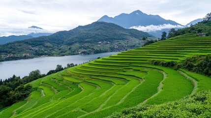 Fototapeta premium Rice terraces, lake, mountains, rural China, travel