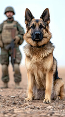 Loyal dog sits in desert with soldier, providing security in the background. Generative AI