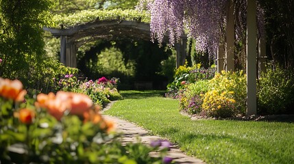 Obraz premium A vibrant spring garden with blooming peonies, roses, and a trellis covered in wisteria 