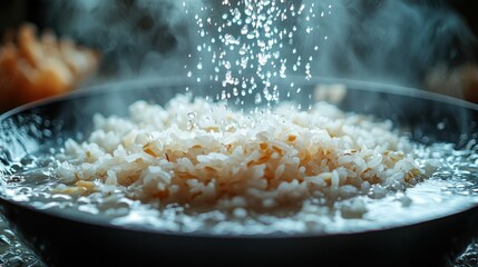 Slow-motion capture of rice grains cascading into boiling water with rising steam