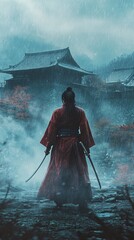 Action-Packed Samurai Mobile Wallpaper &ndash; Warrior Holding a Katana in the Rain for a Bold Phone Design