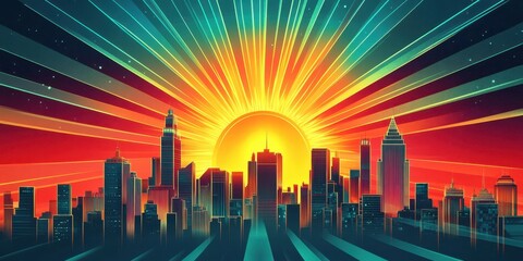 Abstract cityscape glows beneath a radiant sunburst sky