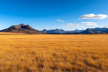 Obraz premium Mountain range and grassland under blue skies for travel ads and brochures. Generative AI