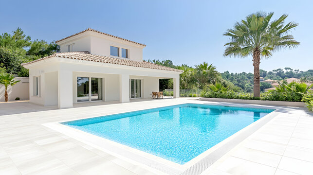 Poolside luxury Modern home exterior with serene pool. Estate, travel ad. Generative AI