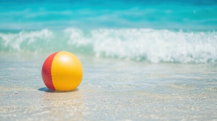 Obraz premium A colorful ball rests on the sandy beach, close to the gentle waves of the water, capturing a serene coastal moment.