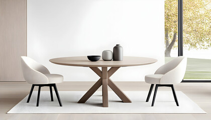 Round wooden table with chairs near window. Interior design for dining room. Generative AI