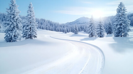 Scenic snow road through forest for seasonal holidays and tourism promotion use. Generative AI