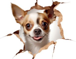 PNG Dog peeking out and try to step through a torn paper hole chihuahua portrait mammal.