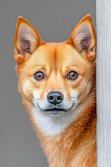 Obraz premium Shiba Inu portrait at home, peeking behind a door. Pet photography, adoption. Generative AI