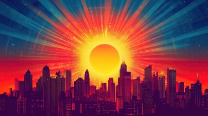 Cityscape silhouette under a vibrant and radiant sunset skyline