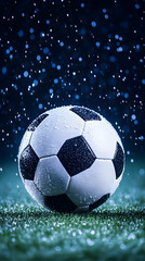 Fototapeta premium Soccer ball on grass in the rain. Sport, recreation, and background use. Generative AI