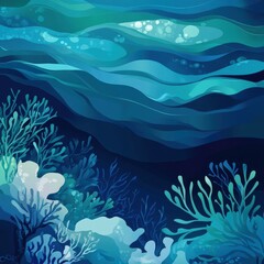 Underwater scenery features coral reef and wavy ocean surface