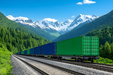 Obraz premium Train transports cargo containers on railway tracks passing through mountains. Use Export. Generative AI