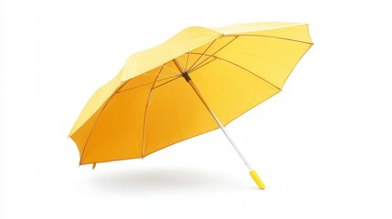 A vibrant yellow umbrella with a sleek white handle stands out against a clean white background, emphasizing its cheerful design and simplicity.